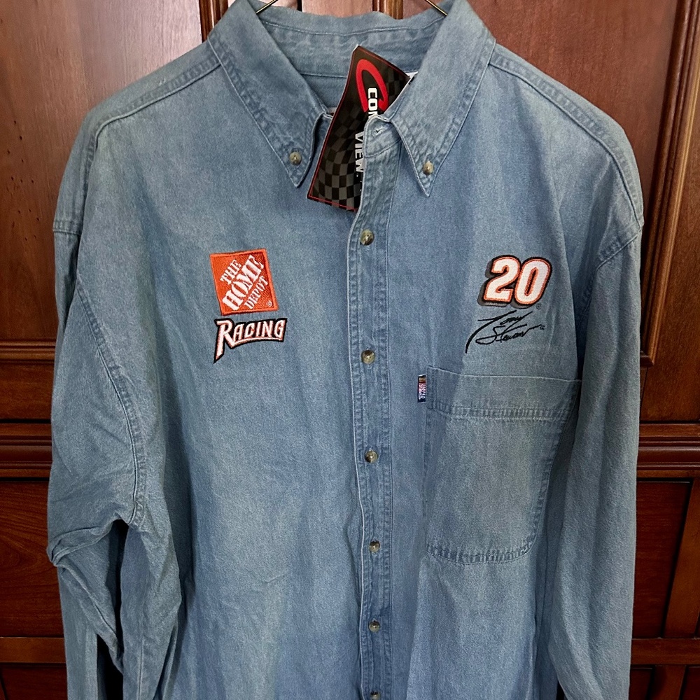 Vintage Nascar Official Tony Stewart Blue Denim Men's Shirt Size Large NWT